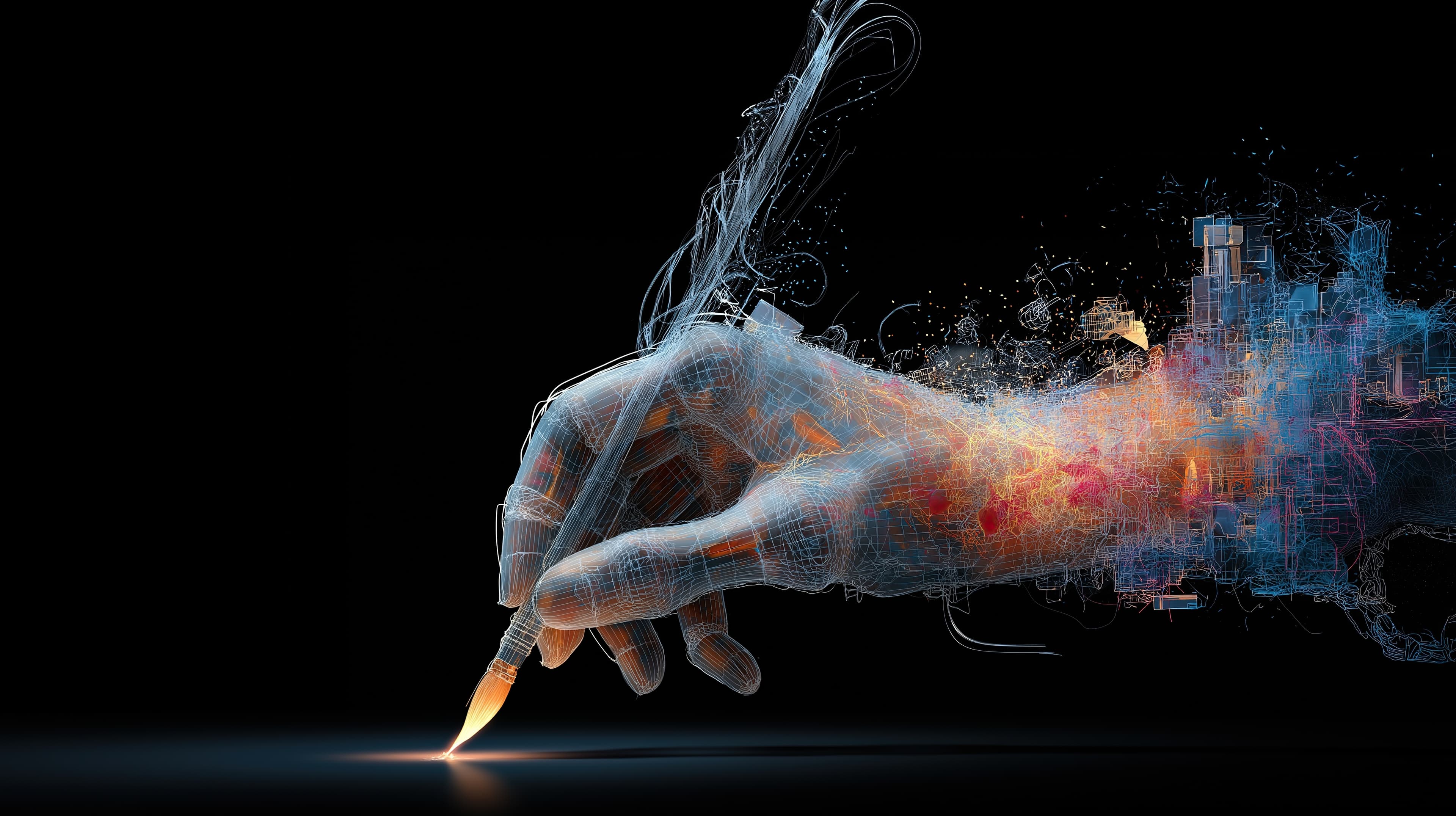 An AI-rendered hand cradling a paintbrush, drawing a luminous mark from threads of data.